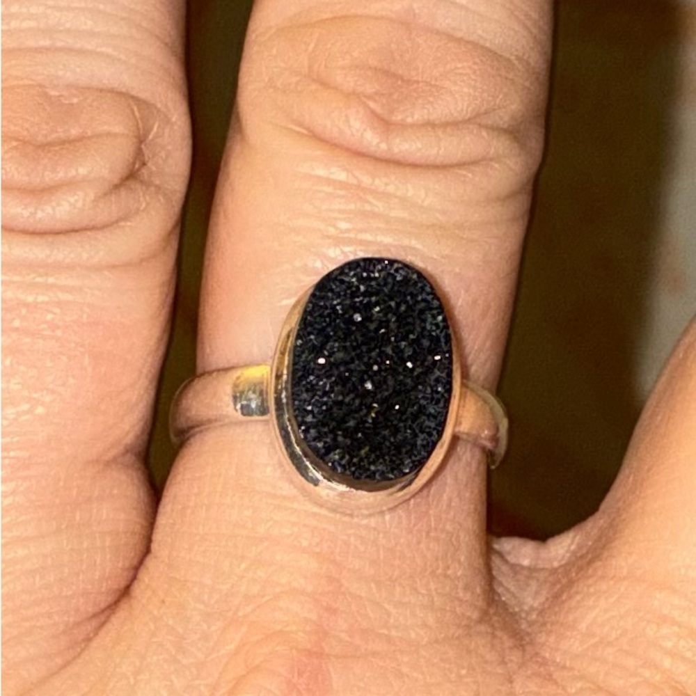 Sterling Silver Black Druzy Onyx Oval Ring - Women Jewelry - Picture 5 of 8